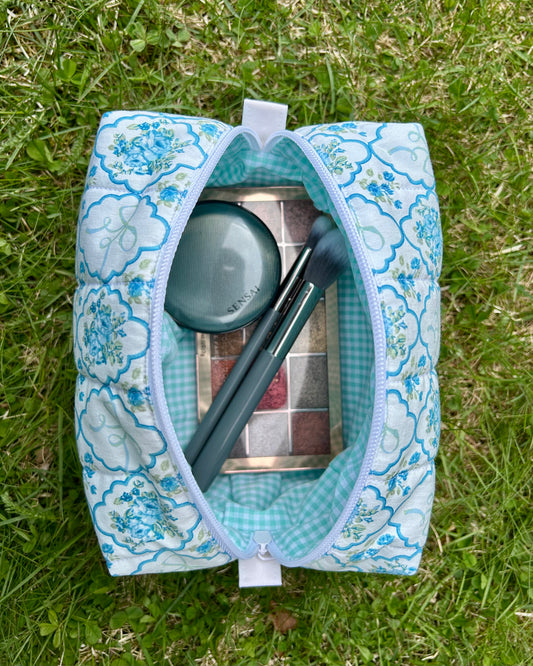Blue Floral Bow medium makeup bag