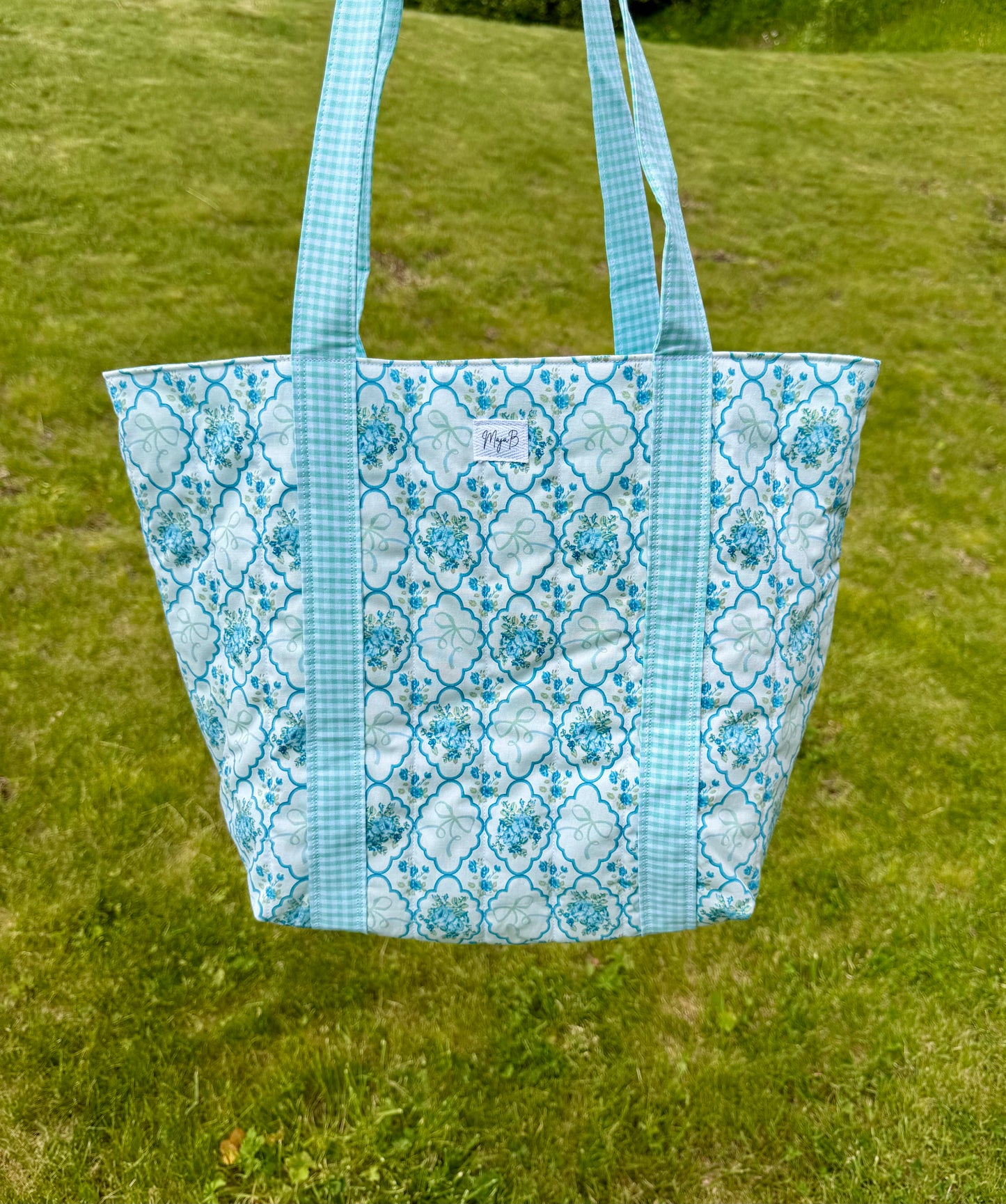 Blue Floral Bow tote bag with attached straps