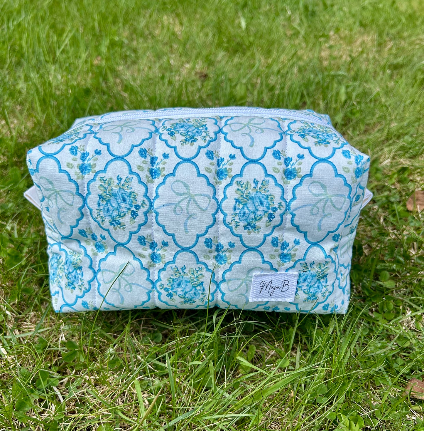 Blue Floral Bow medium makeup bag