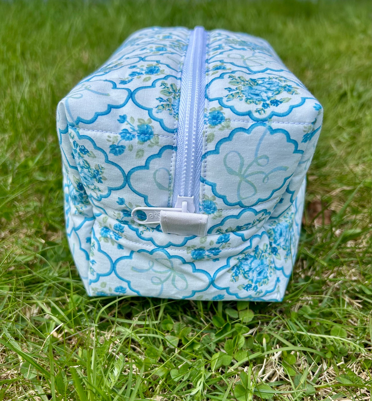 Blue Floral Bow medium makeup bag