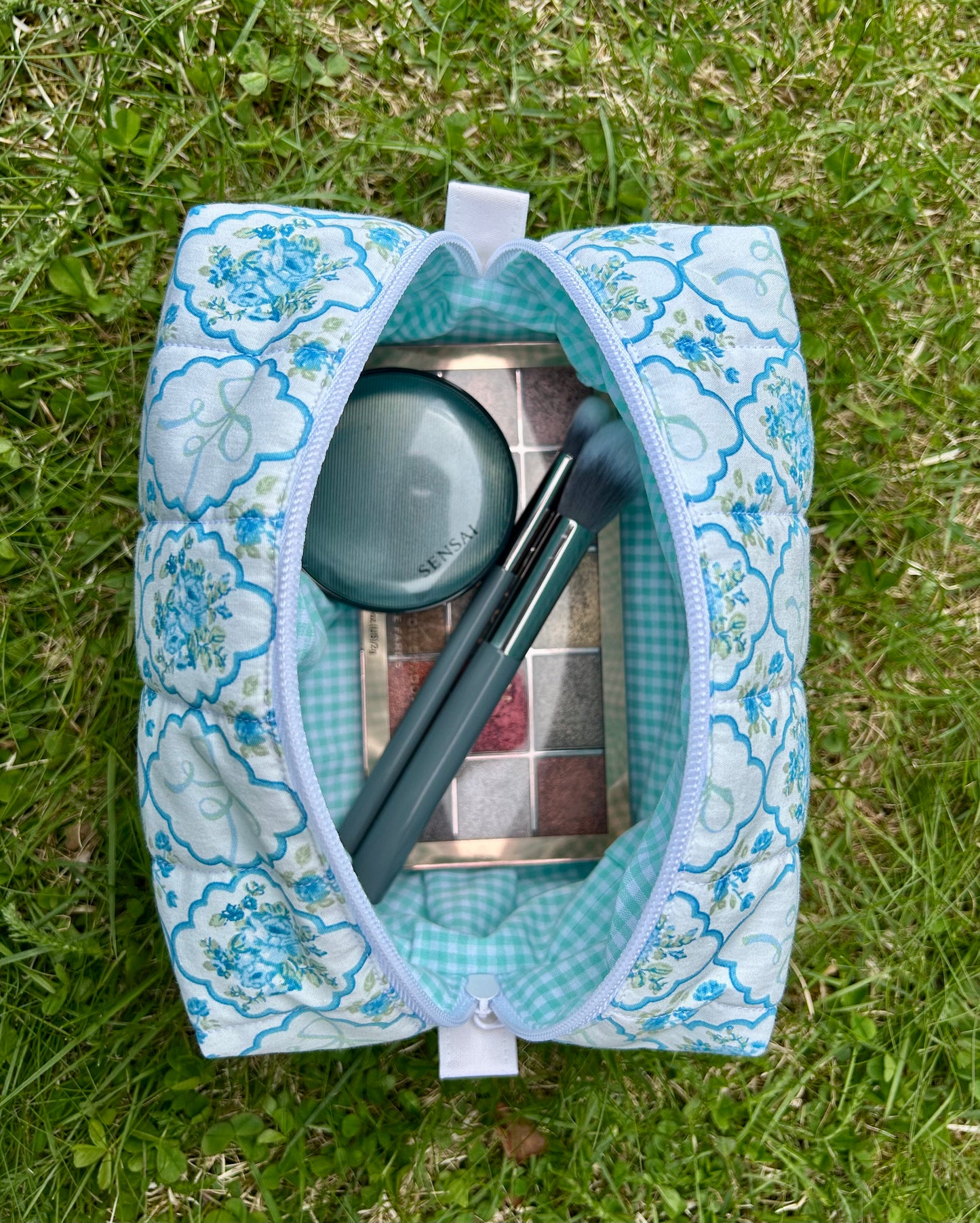 Blue Floral Bow medium makeup bag