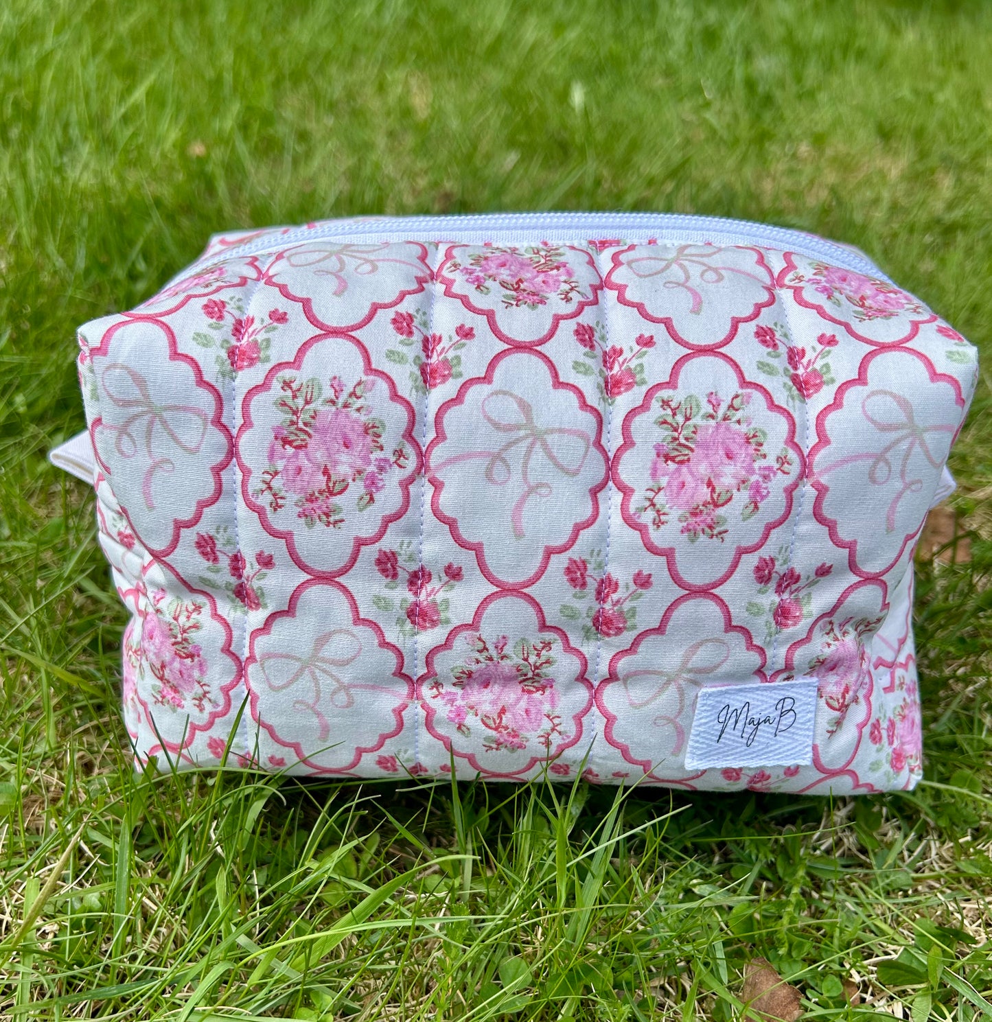 Pink Floral Bow medium makeup bag