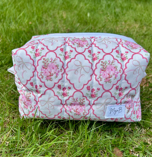 Pink Floral Bow medium makeup bag