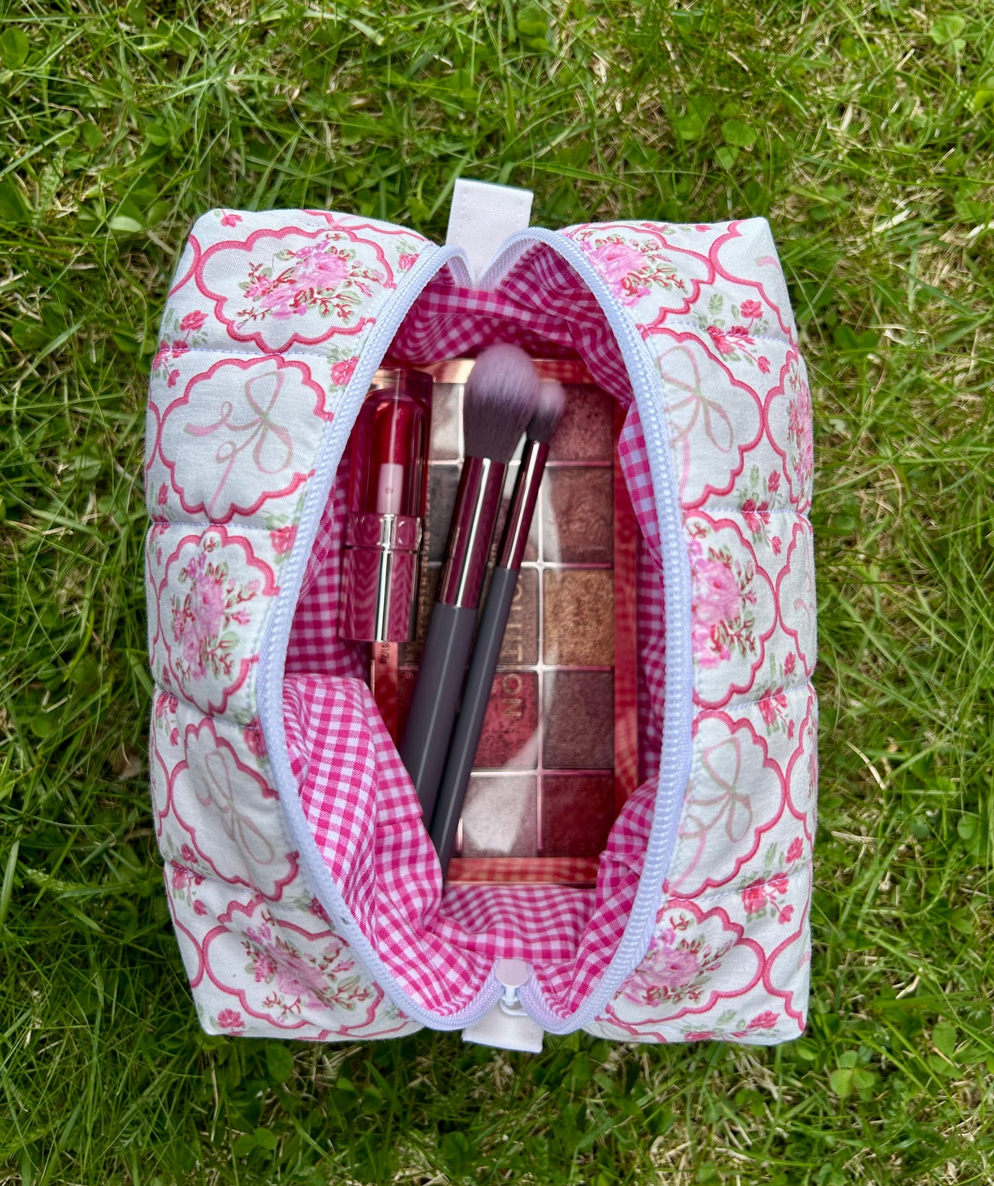 Pink Floral Bow medium makeup bag