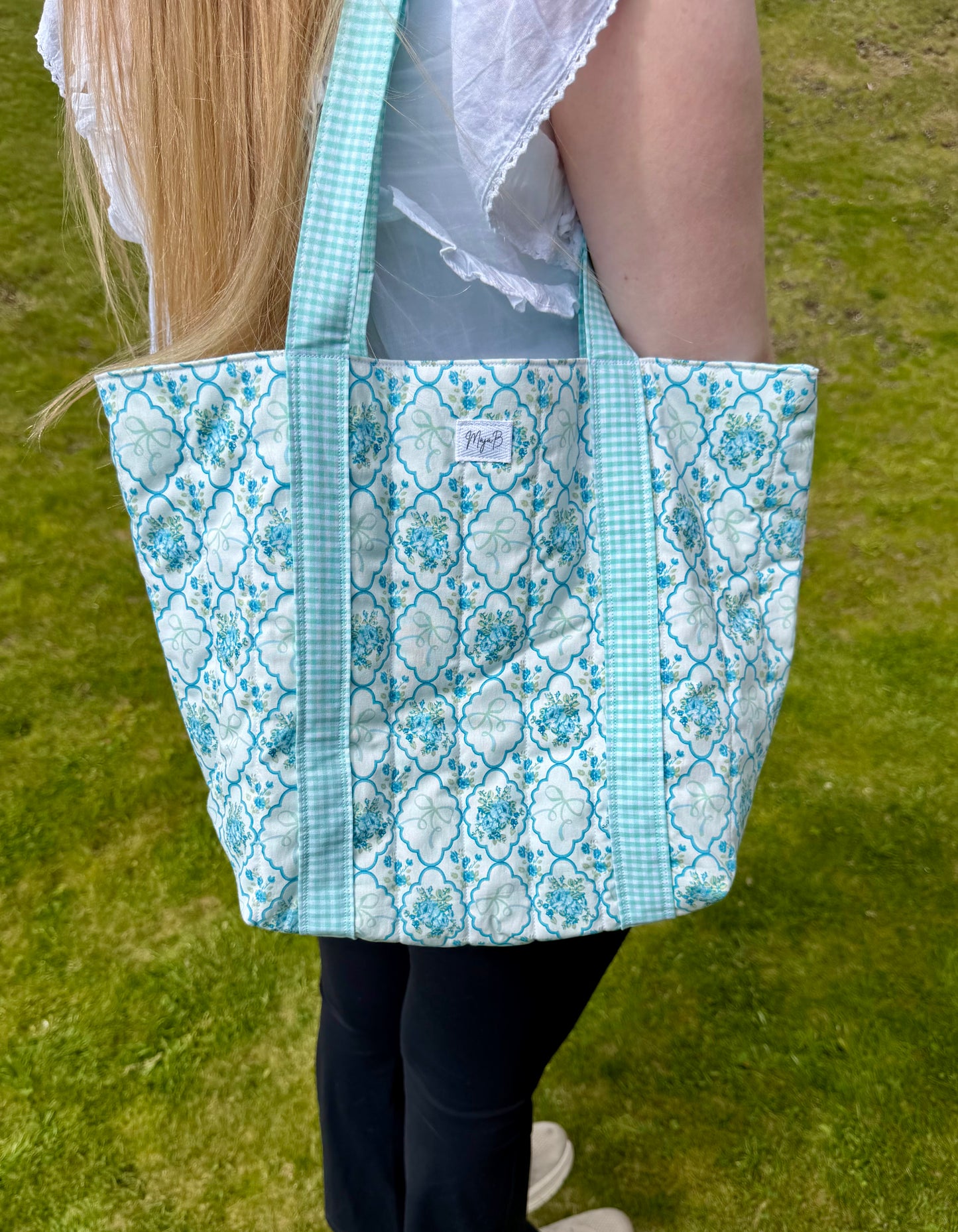 Blue Floral Bow tote bag with attached straps