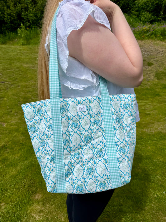 Blue Floral Bow tote bag with attached straps