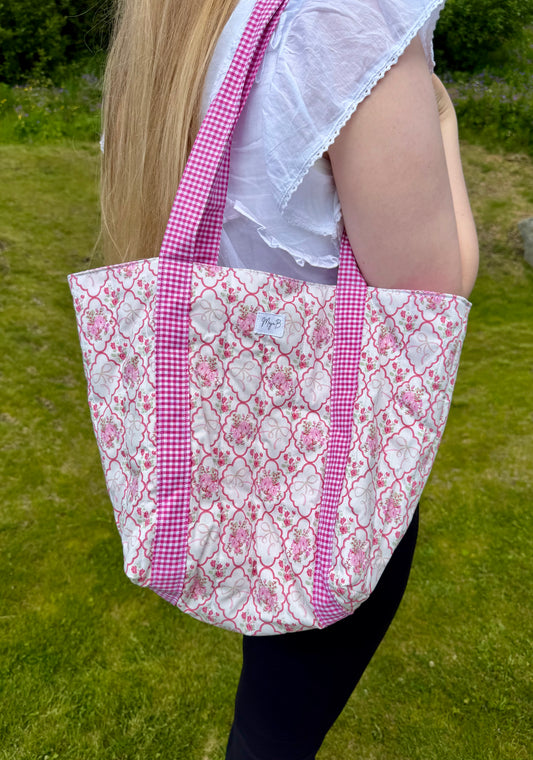 Pink Floral Bow tote bag with attached straps